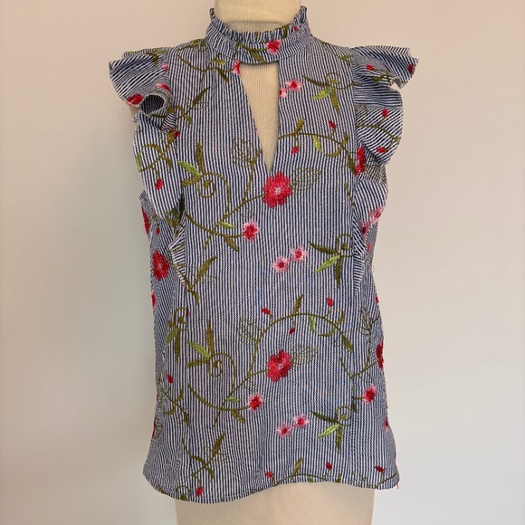 BCBGeneration Womens Embroidered Top XS Striped Butterfly Sleeve Floral Blue - Picture 1 of 8